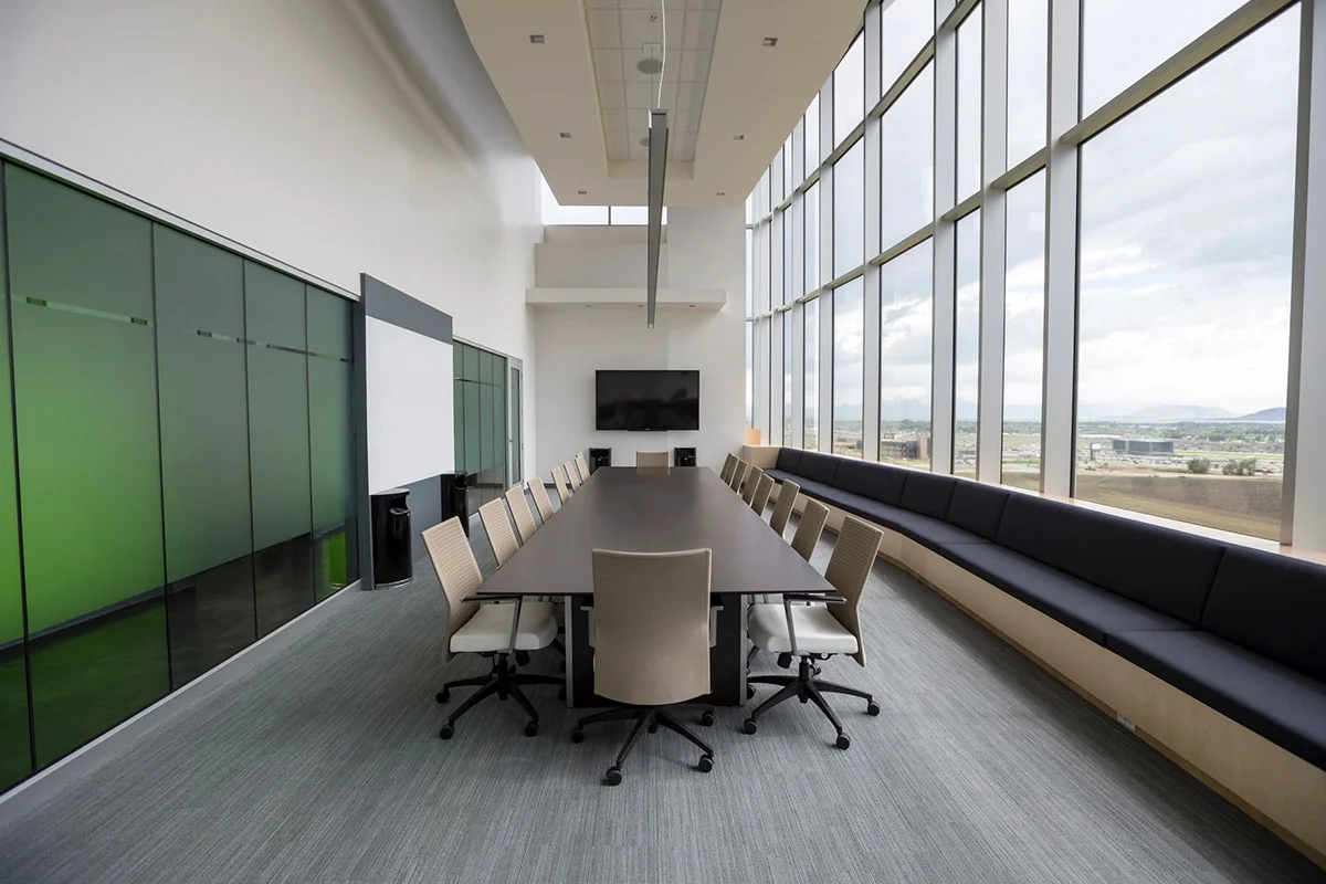 A large conference room with chairs and tables.