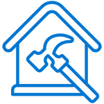 A blue outline of a house with a hammer and wrench