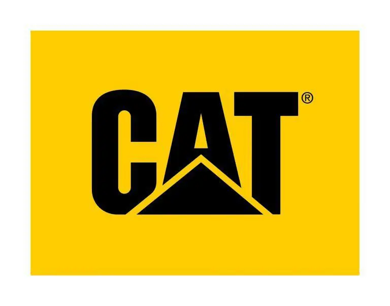 A yellow and black logo of the cat brand.